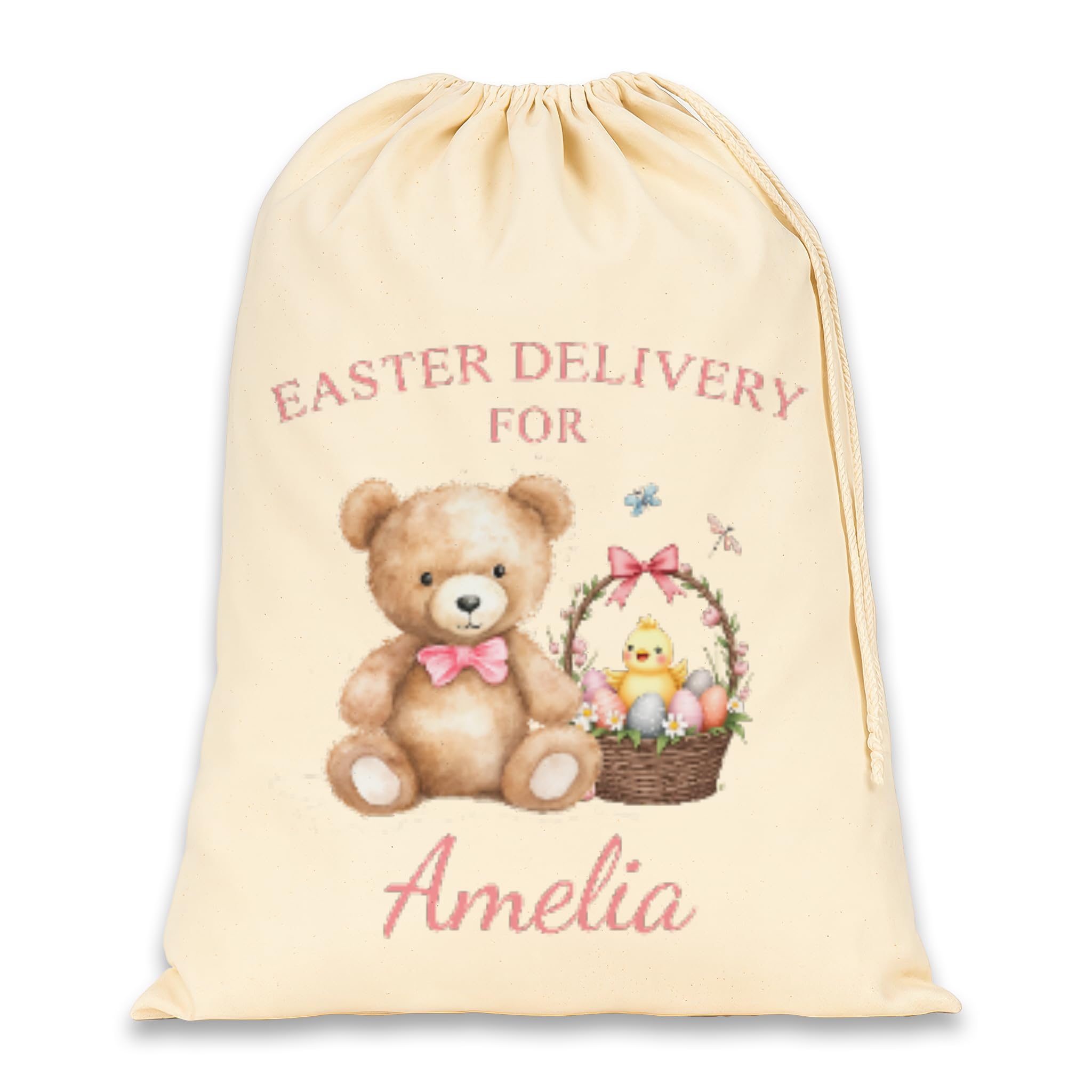 Chicken Craft Personalised Easter Sack - Custom Name Cotton Easter Gift Bag - Teddy Bear & Basket Design - Easter Egg Hunt & Treat Bag for Kids (Easter Delivery For, Pink)
