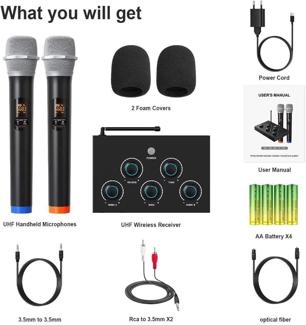 Wireless Microphone System, Dual UHF Portable Karaoke Microphone, HDMI & AUX in/Out, Optical Out, Stable Signal, 100ft Range – Wireless Mic for Singing, Karaoke, Church, Smart TV, PC, PA Speaker image 7 of 8 B0FWKMQ4JC