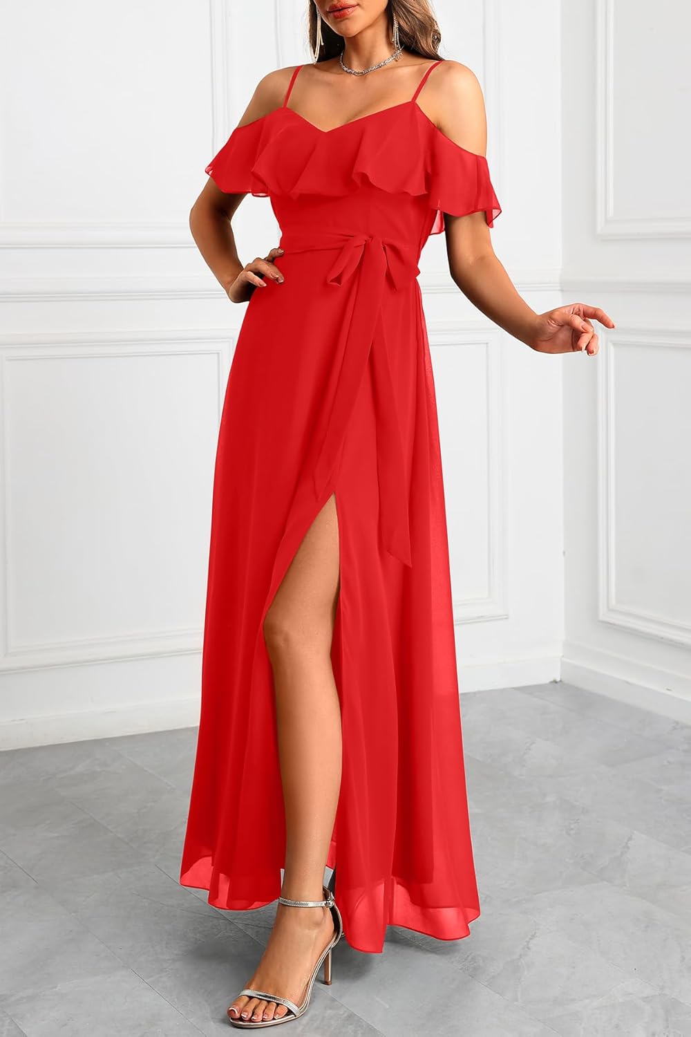 Formal Dresses for Women - Off The Shoulder Wedding Guest Bridesmaid Prom Chiffon Flowy Split A-Line Long Dress - Image 5