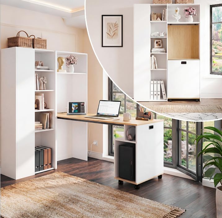 Merax klappbarer 2-in-1 Schreibtisch mit Ablagen, Steckdose & USB, Kippschutz, Eck-Schreibtisch Links – Homeoffice, Studentenwohnung, platzsparend, funktional, Regal & Arbeitsplatz, Weiß