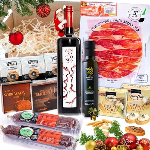 AF® - Cesta gourmet para regalar con vino Sensaciones 75cl, surti...