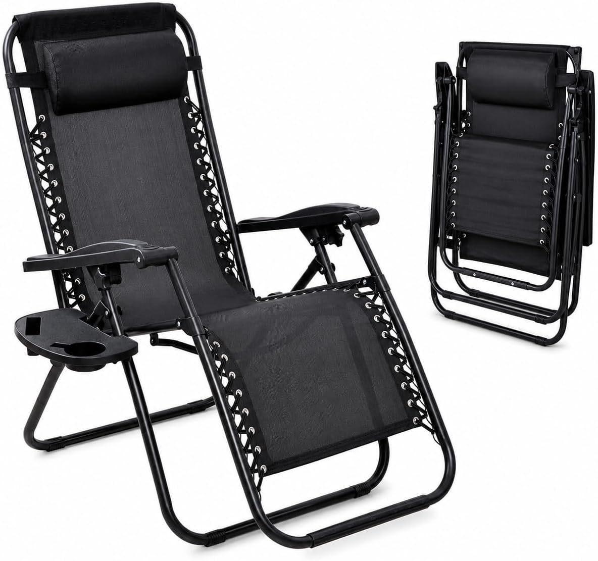 SKY-TOUCH Outdoor Lounges Chair Foldable Camping Chair, Zero Gravity Adjustable Beach Chair and Garden Chair with Pillows Cup Holders for Poolside Backyard and Beach,Black