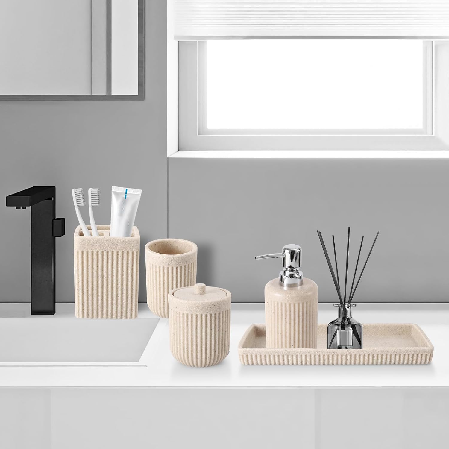 Resin Beige Bathroom Accessories Set 5 Pcs, Lotion Soap Dispenser, Toothbrush Holder, Bathroom Tumbler, Qtip Holder and Vanity Tray, Bathroom Countertop Organizer Set for Modern Home Apartment - Image 9