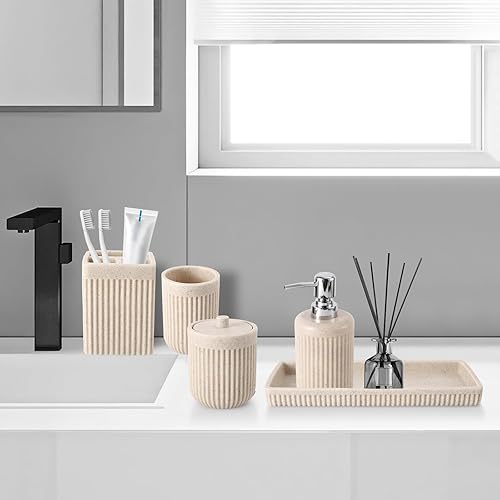 Miniatura 9 de Juego de 5 accesorios de baño de resina beige, dispensador de jabón de loción, soporte para cepillos de dientes, vaso de baño, tarro de hisopo de
