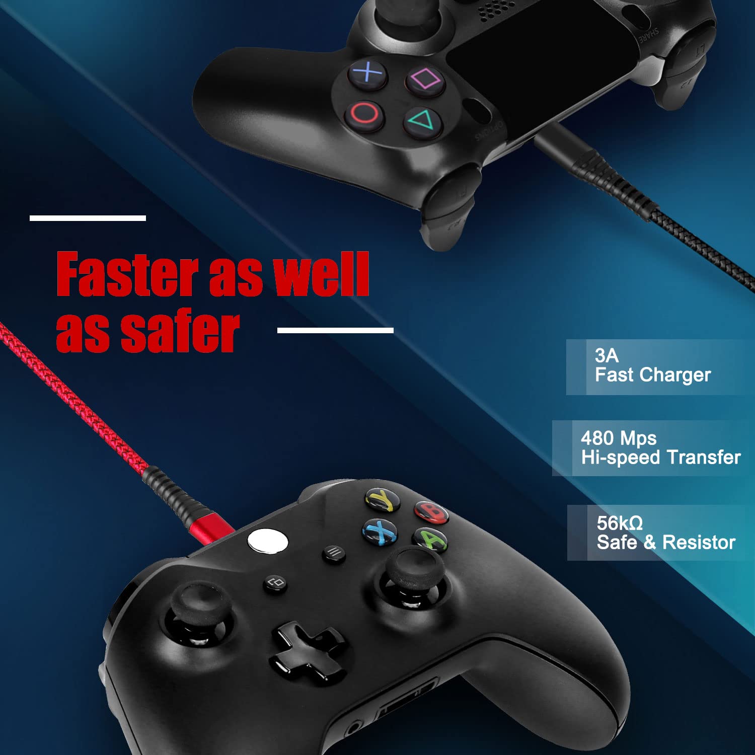 Charger Cable for Xbox One Controller, 2 Pack 10FT Super Long Nylon Charging Cable, Compatible with Xbox One S/X, PS4 Slim/Pro Controller, Android Phone (Black & Red)