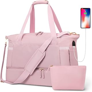 Weekender Bag with Shoe Compartment, Kaome Duffle Bag Women Travel Personal Item Bag with Trolley Sleeve, USB Charging Port, Gym Bag with Wet Pocket Carry on Bag for Plane, Yoga (Pink, Large)
