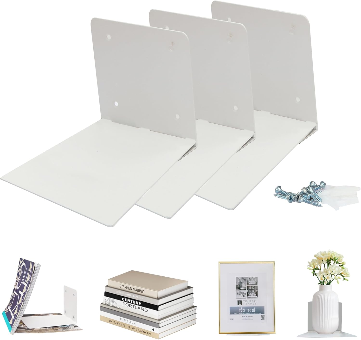 STORAGE MANIAC Floating Book Shelves for Wall Mounted Invisible Floating Bookshelves Heavy-Duty Steel Hidden Bookshelf Hanging Bookshelves for Bedroom Living Room Office, White 3-Pack Extra Large