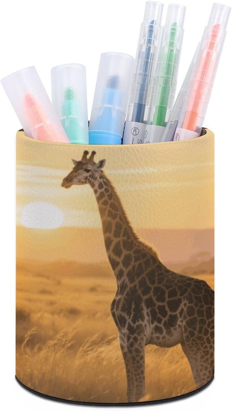 Round Cute Giraffe in The Sun Pen Holder for Desk Storage Remote Brush