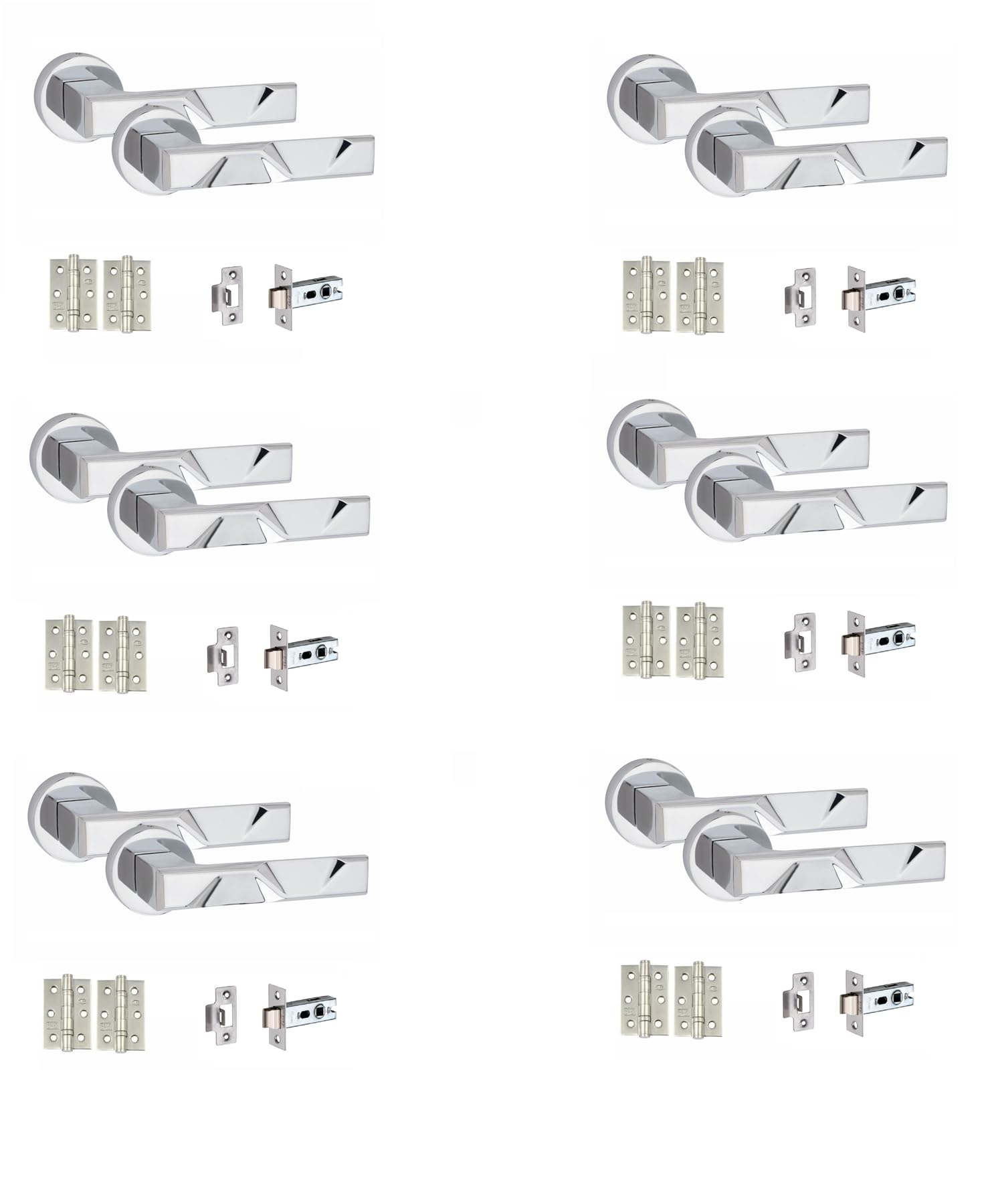 Golden Grace Modern Nova Design Premium Door Handles on Round Rose in Polished Chrome Finish with 2.5" Latch & 1 Pair of Ball Bearing Hinges - 6 Sets