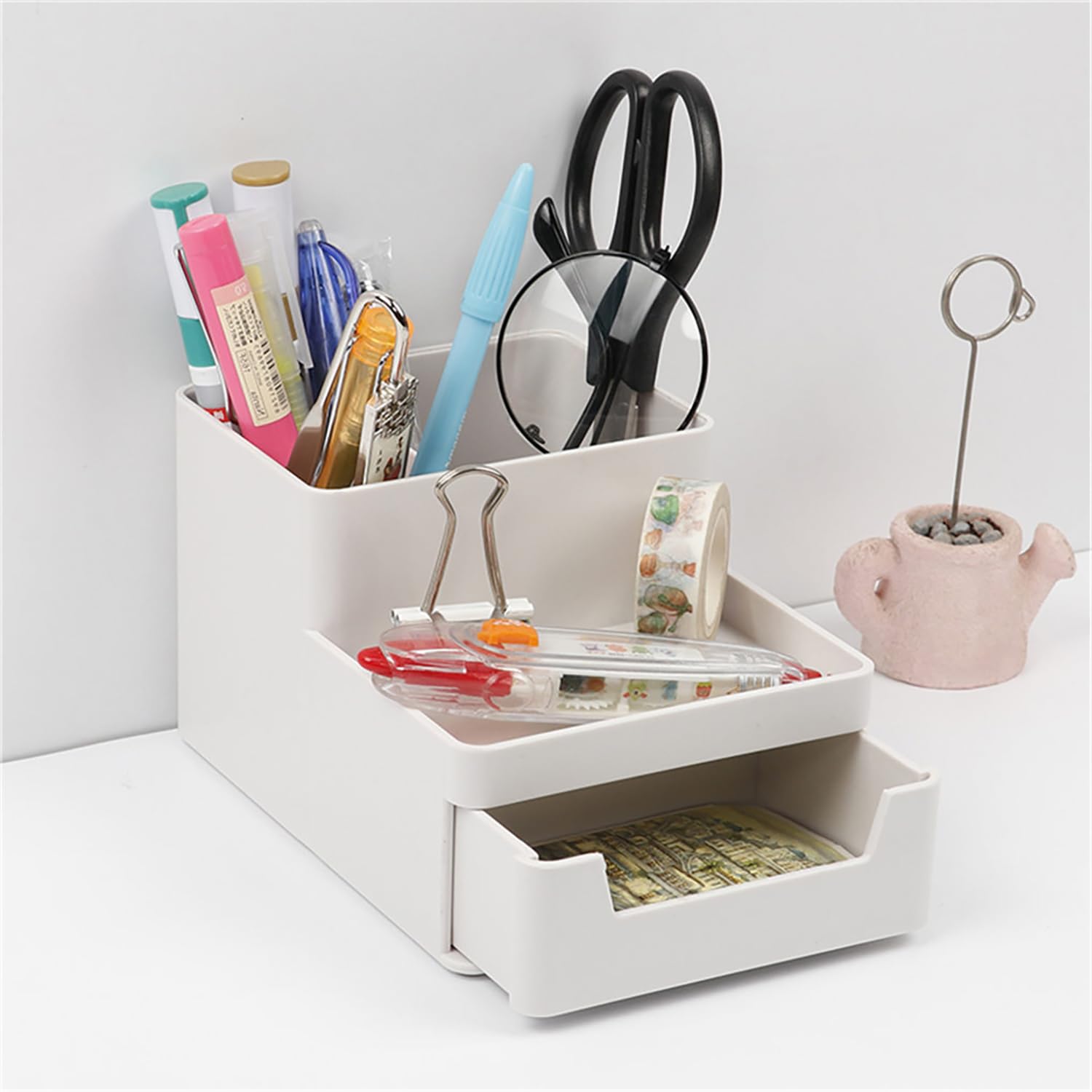 House of Quirk Portapenne, vassoio portadocumenti formato A4, con cornice per dati, cassettiera, mensola, portapenne, per studenti, set di cancelleria (set da 3, bianco)