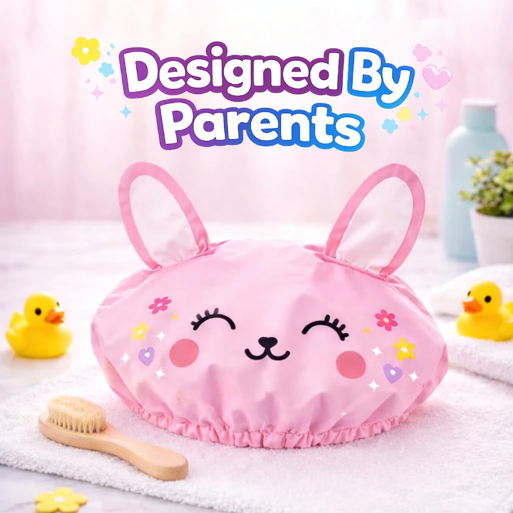 Kids Shower Cap for Kids & Toddlers, Cute Pink Bunny Shower Cap with Ears, Waterproof Reusable Hair Hat for Shower, Bath Time & Hair Washing
