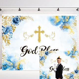 INRUI God Bless Photography Backdrop Blue Watercolor Flowers Gold Cross Newborn First Holy Communion Baptism Christening Party Decorations Banner (7x5FT)