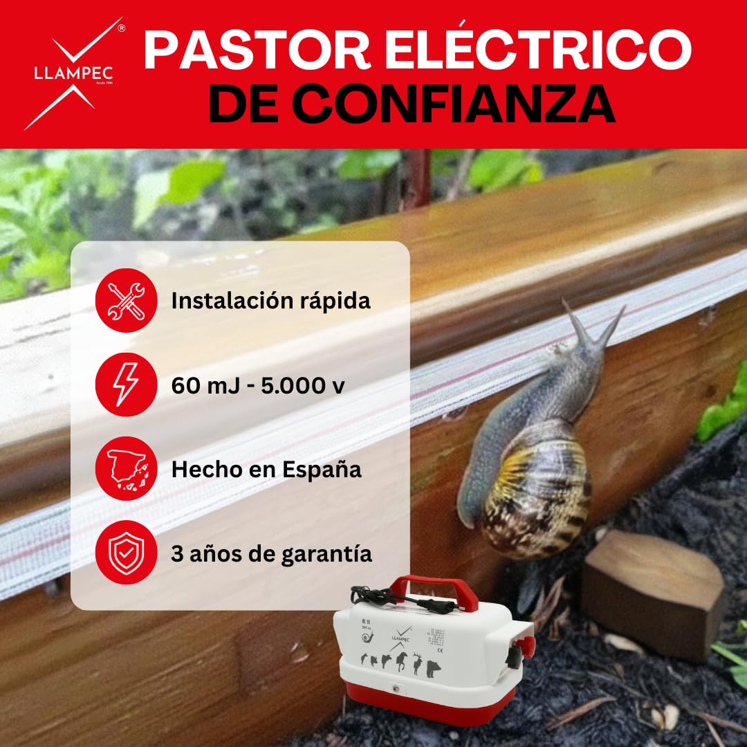 Llampec Pastor eléctrico Mod.10 con conexión a Red 230V – 60 MJ, 5.000V y 3 km de Alcance – Especial para cercas de Caracoles – Consumo reducido 2W y diseño Compacto 18×18×28 cm – Fabricado en España