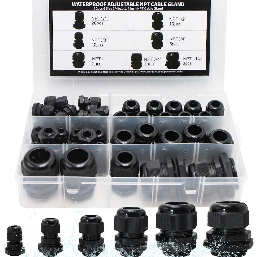 MAKERELE Cord Grip Cable Glands Kit for Electrical Box NPT Waterproof Nylon Strain Relief 1/4” 3/8” 1/2” 3/4” 1” 1-1/4” 50pcs Junction case Connector Black With Gaskets-image-17