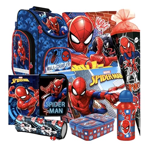 Schultasche Spiderman 9 Teile Set Schulranzen Ranzen Spider-Man Schulrucksack Federmappe Tasche Schultüte 85 cm Tornister mit Sticker-von-Kids4shop