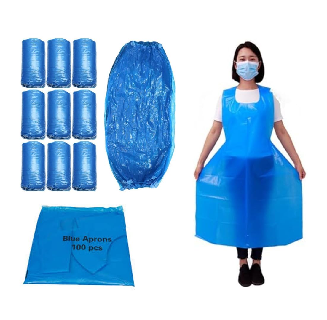 Hot Bargains Unisex Blue 100 X Disposable Arm Covers + 100 X Aprons Combo Waterproof Arm Sleeves And Aprons For Cooking, Medical, Cleaning Etc.