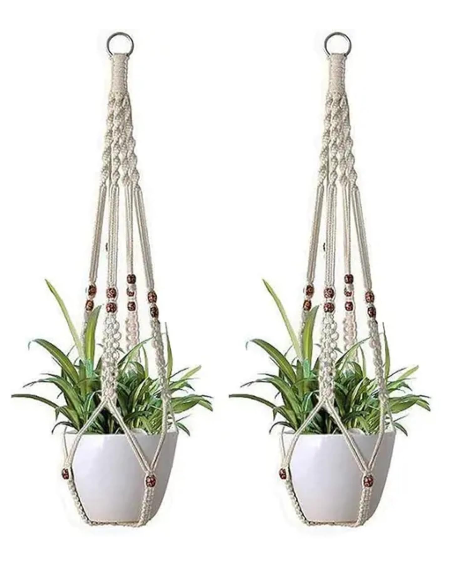Lot de 2 suspensions en macramé avec perles en bois, corde en coton à suspendre pour plantes d'intérieur, blanc