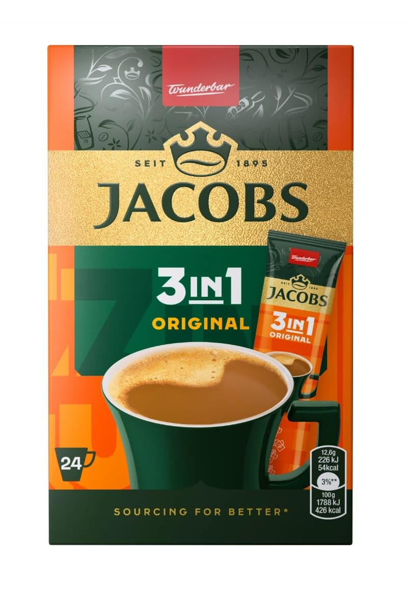 JACOBS Café Soluble 3 en 1 Original, Bebida Instantánea Cremosa, 24 Tazas, 302,4g