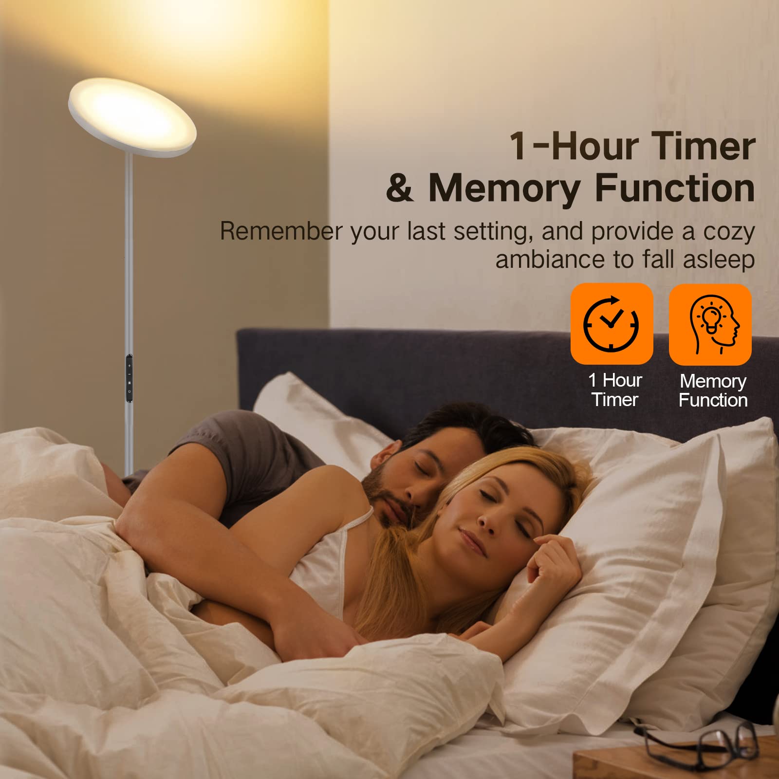 Lámpara de pie, 30 W 2400 LM LED, moderna lámpara tipo antorcha, luz brillante con 4 temperaturas de color, control remoto y táctil, regulador de intensidad continuo, temporizador de 1 hora para sala, dormitorio - gris plata 5