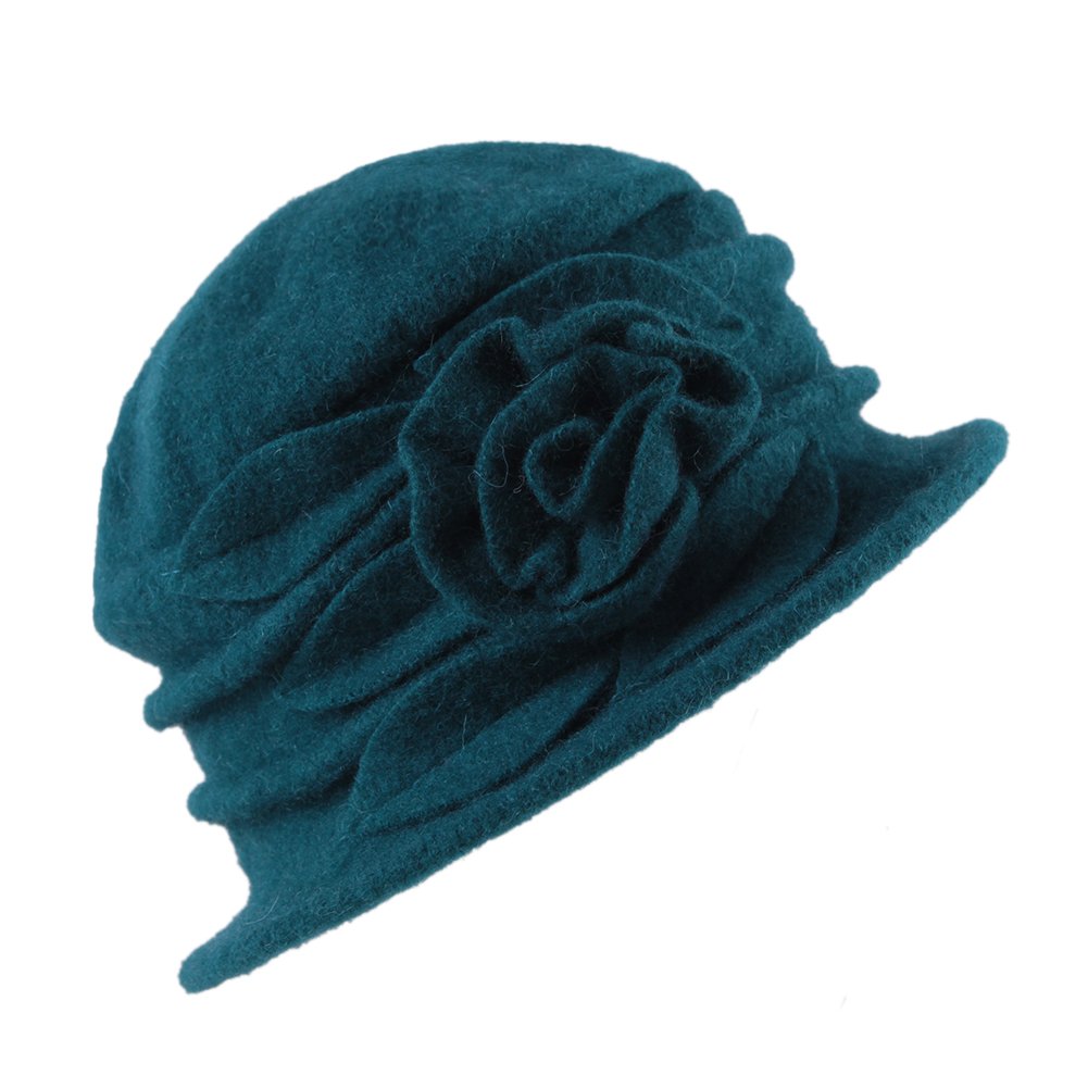 StarTreene Wool Bucket Hats for Ladies Vintage Autumn Winter Cloche Cap with Flower (Navy, One Size)
