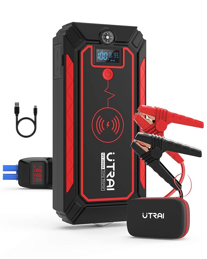 UTRAI Jstar 4 Jump Starter with Wireless Charger 2500A Peak 16000mAh (up to 8L Gas, 7.5L Diesel Engine) 12V Car Battery Booster Portable Power Pack with LCD Display Jumper Cables, QC 3.0 and LED Light