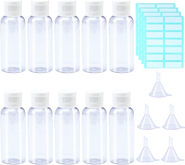 ANECO 10 Pieces 50ml Transparent Containers Travel Bottles Flip Cap Empty Bottles with 5pcs Funnels and 4 Sheets Free Labels