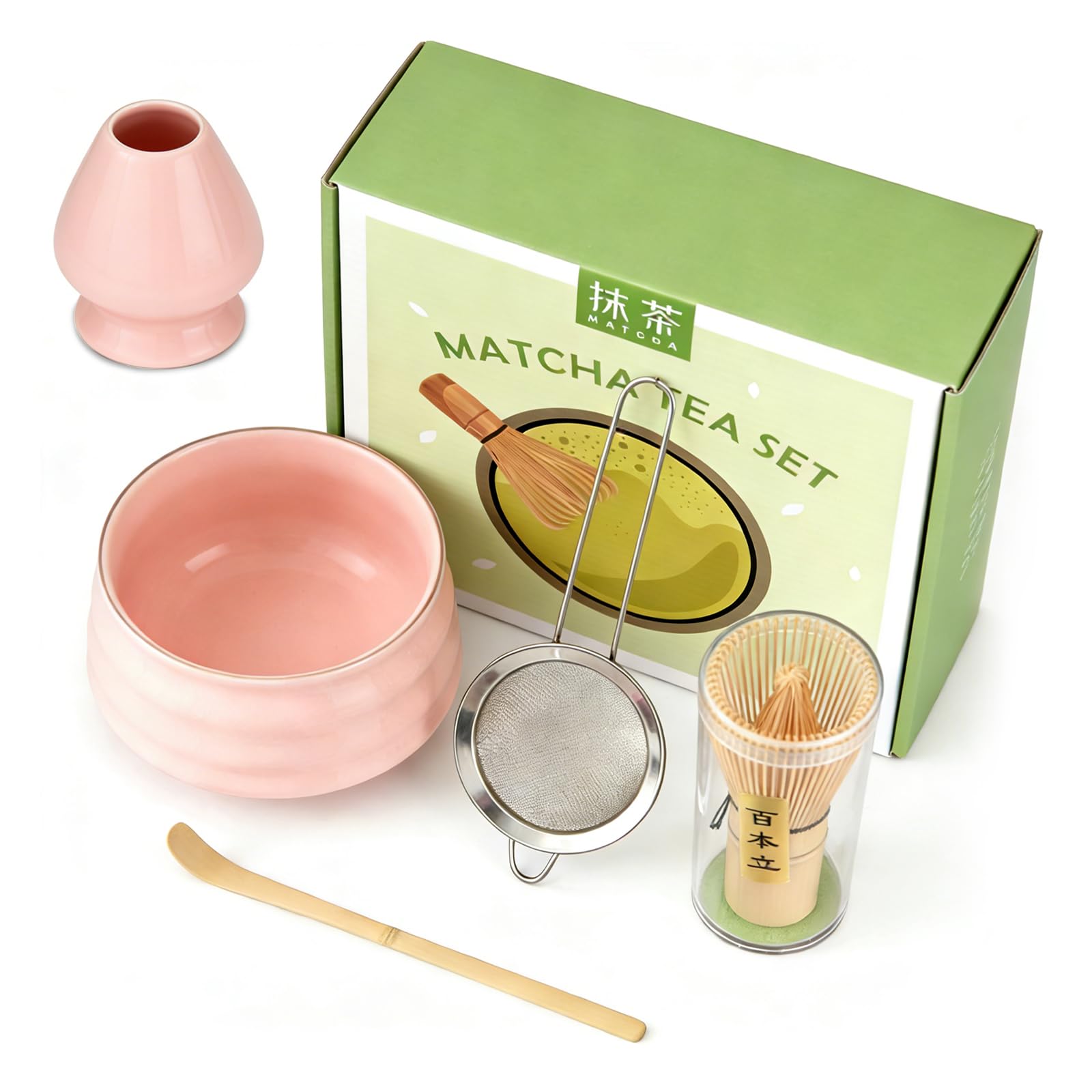 Matcha Kit 5 Pezzi per Principianti, Kit Matcha Completo con Ciotola e Supporto, Cucchiaio, Frusta in Bambù per Cerimonia Tè Matcha Artigianale