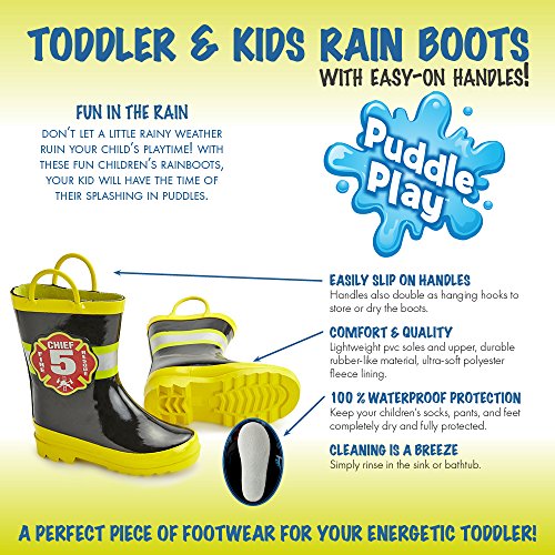 Puddle Play Toddler and Kids Waterproof Black Fire Chief Rubber Rain Boots Easy-On Handles - Size 10 Toddler2