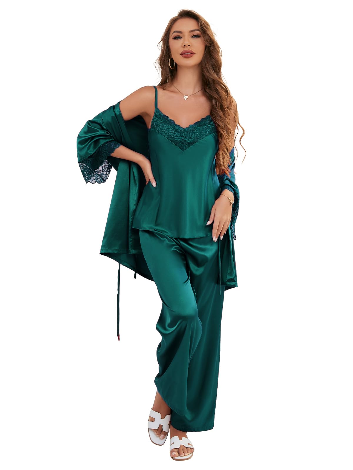 Women's Silk Pajama Set 3 Piece with Satin Robe , Cami Top and Long Pants