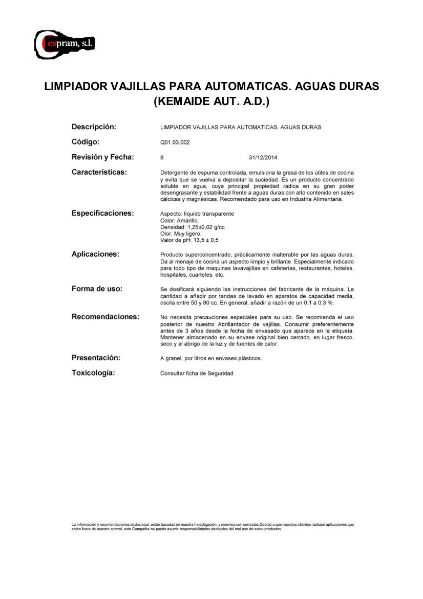 Limpiador de vajillas para máquina lavavajillas. Aguas duras. Kemaide aut a.d. Envase de 5 litros/10 litros (5)