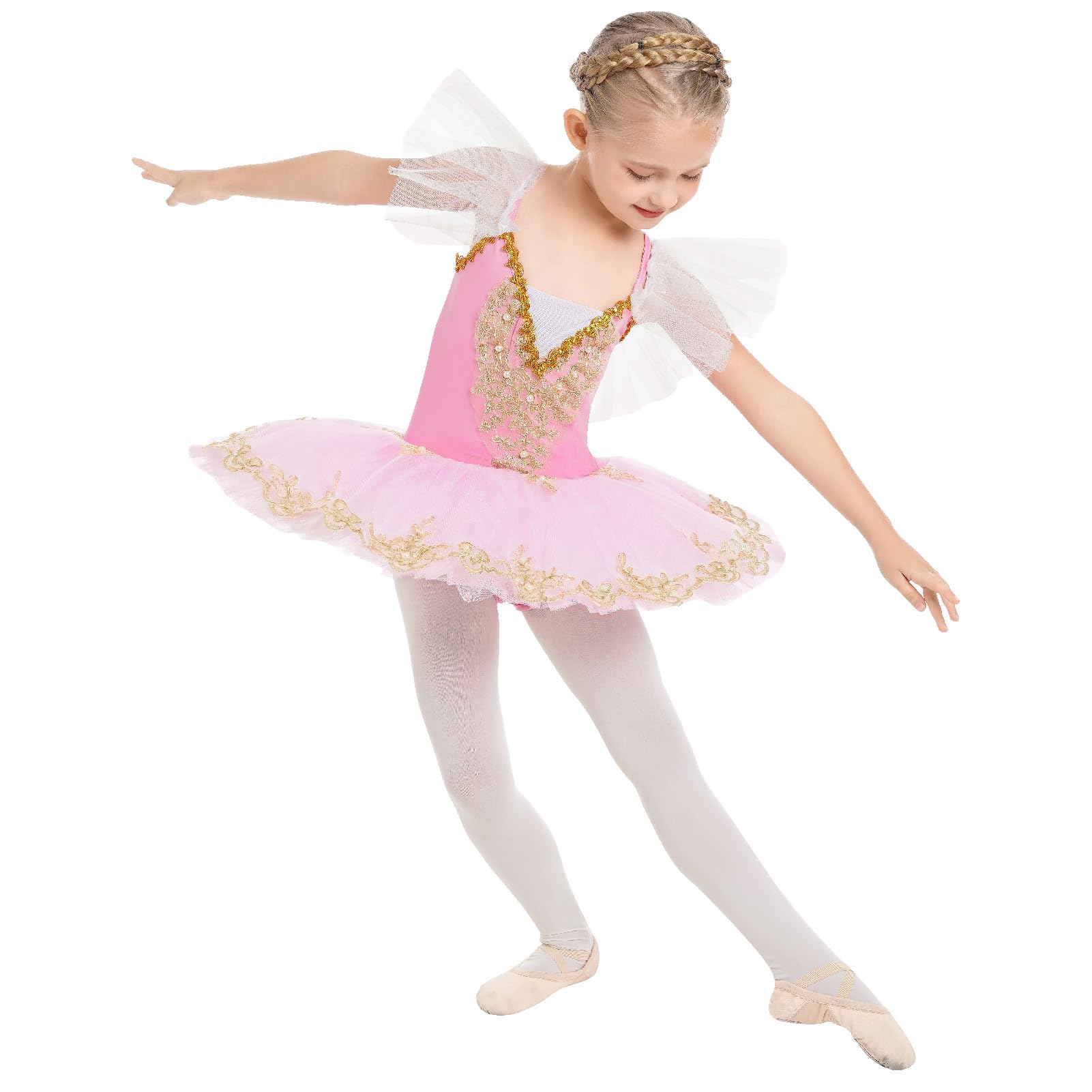 IWEMEK Robe de Ballet Fille Tenue Danse Classique avec Tutu Tulle Plateau Lac des Cygnes Justaucorps Broderies Perles Enfant Ballerina Princesse Costume Danseuse Manches à Volants 4-14 Ans