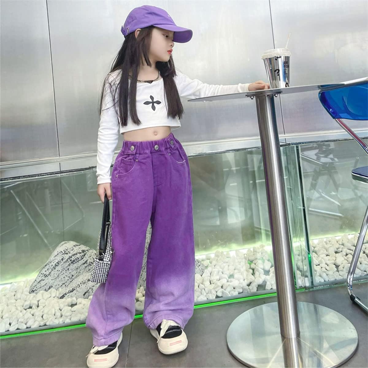 Girls' Baggy Jeans Candy Colors High Rise Elastic Waist Wide Leg Washed Denim Pants Size 5-14 Years … - Image 3