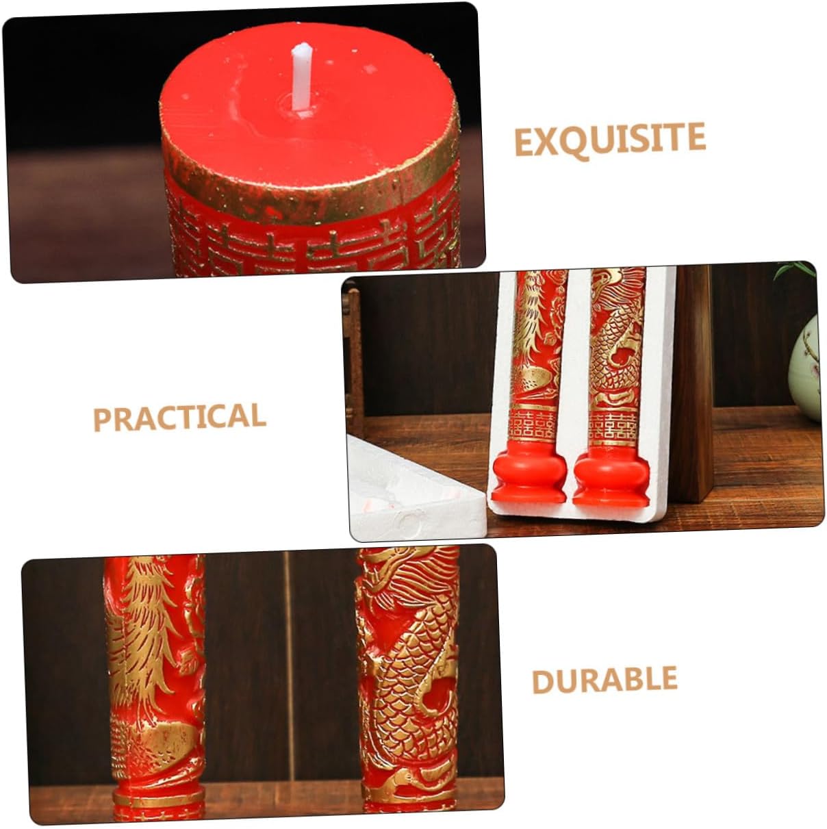 1 Pair Chinese Style Wedding Candles Dragon and Phoenix Design Red Paraffin Decorative Candle Lightweight Portable Festival Decoration