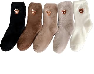 Liiusgelad 5 Pairs Highland Cow Socks for Women Girls, Christmas Fuzzy Winter Socks, Soft Fluffy Thick Holiday Gift