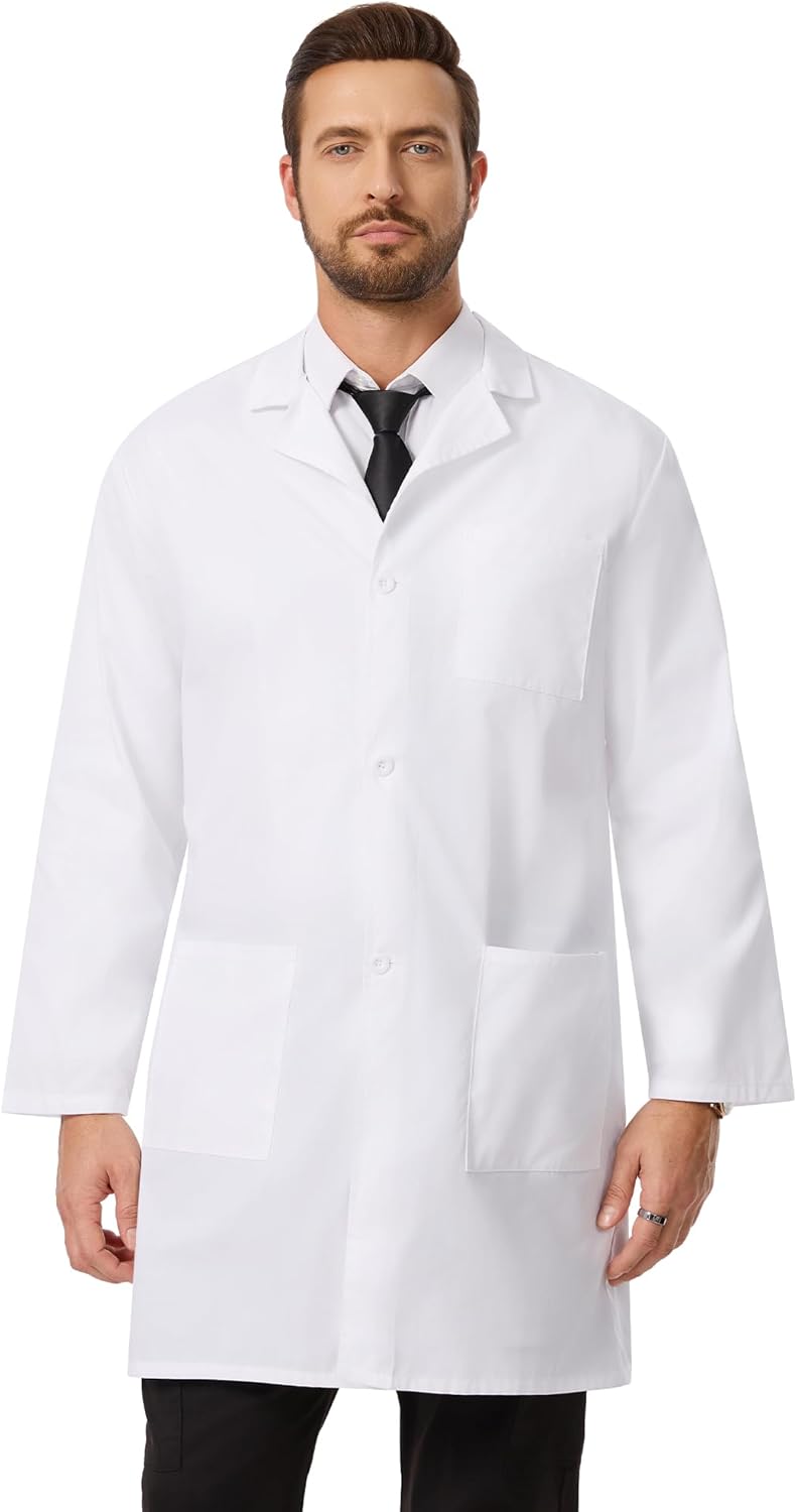 Professional White Lab Coat for Men, Button Front Long Sleeve Doctor Coat with 3 Pockets (Previously COZYFIT)