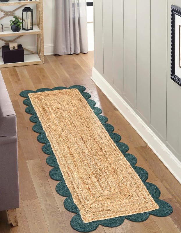 Alfombra de yute festoneado natural y verde 2.6x6 pies Aizza Trends para pasillo