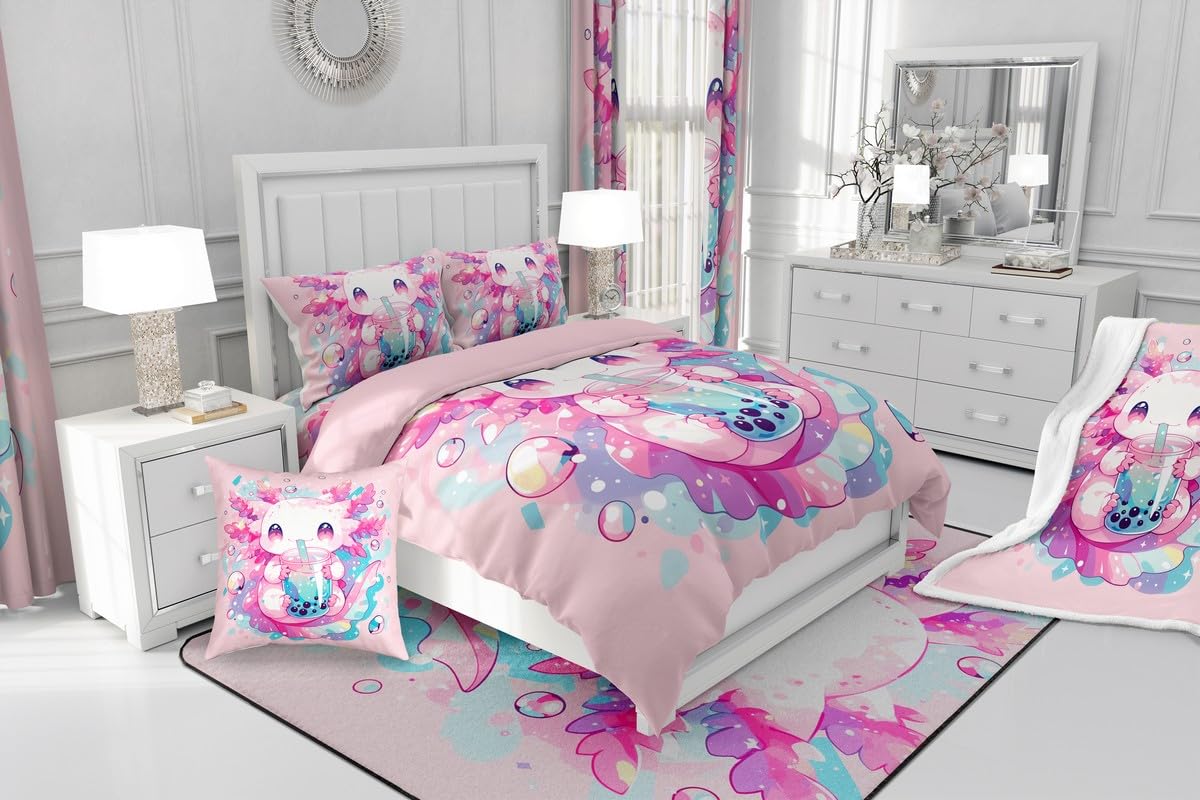 Homewish Axolotl Comforter Cover Cute Salamander Pattern Kawaii Bedding Set Single Sweet Dessert Milk Tea Duvet Cover Ocean Beach Coastal Bed Cover For Kids Girls Boys Bedroom Decor,Pink - Image 4