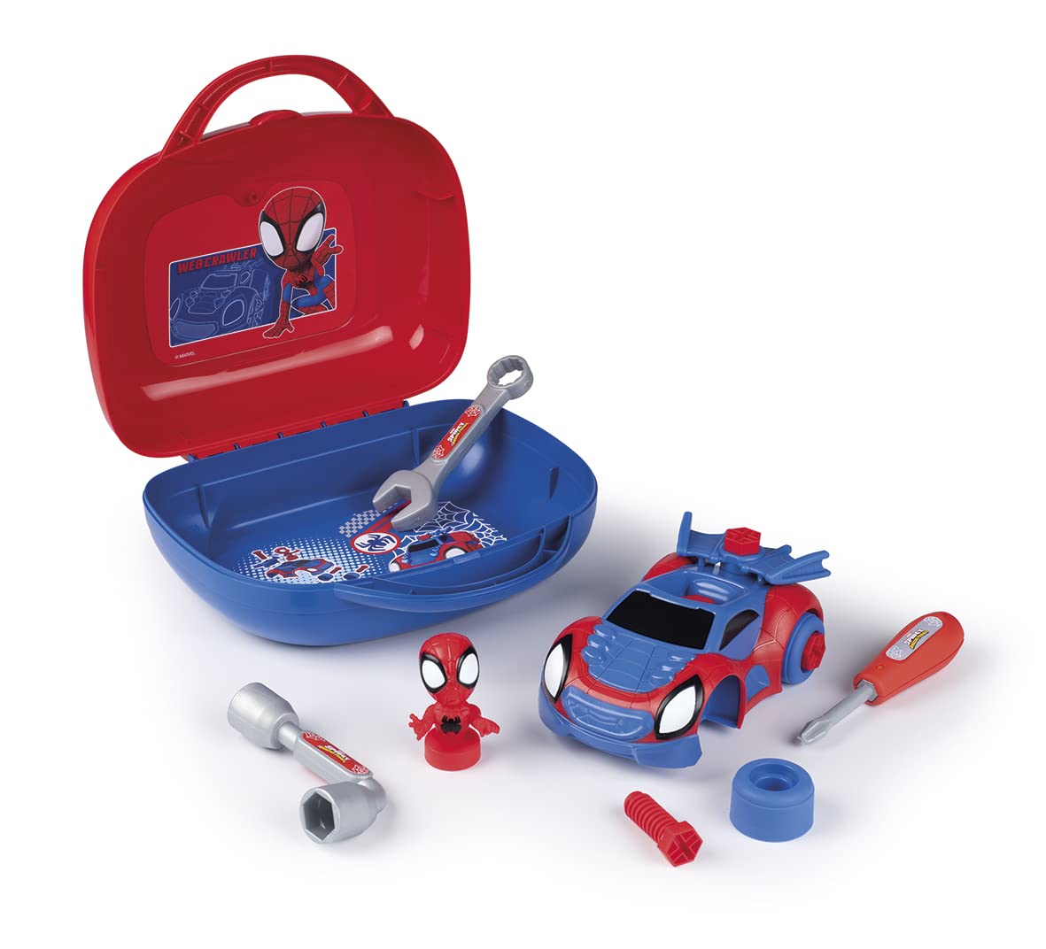 Smoby - Valigetta degli attrezzi di Spidey, 7600360905, +3 anni, 17 accessori inclusi, auto Spidey da costruire, personaggio Spidey