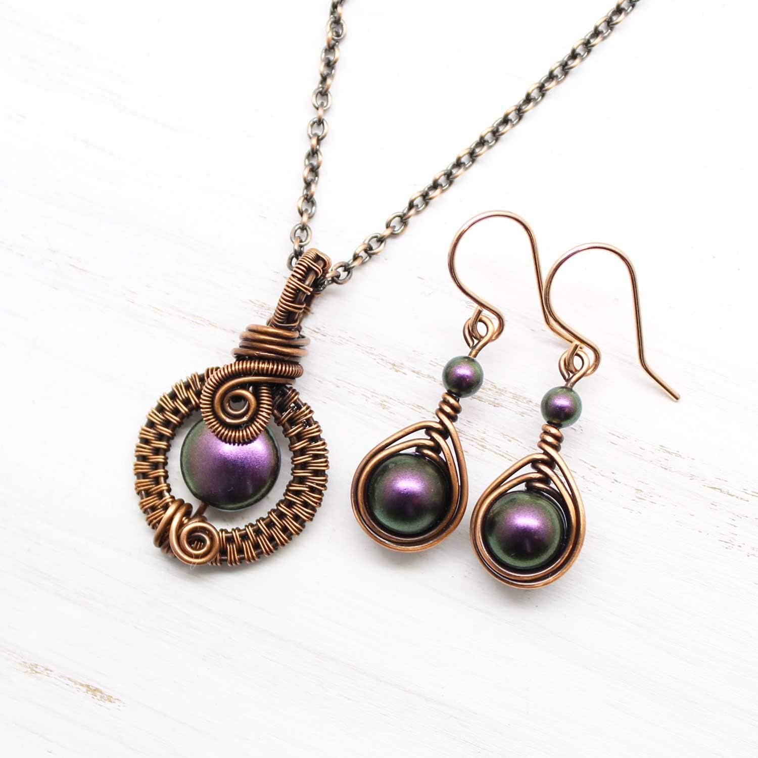 Pillar of Salt Studio Handcrafted Copper Jewelry Set Necklace and Earrings with Simulated Pearls (Iridescent Purple)