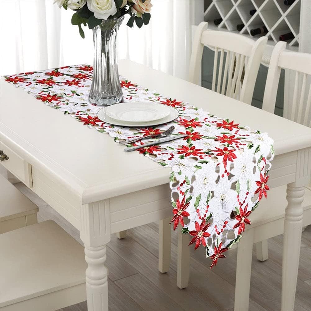 Embroidered Christmas Table Runner and 4 Doily Table Mats Set Beautiful Poinsettia Flower & Holly Leaf Design, White, Red, Green (Christrun2021)