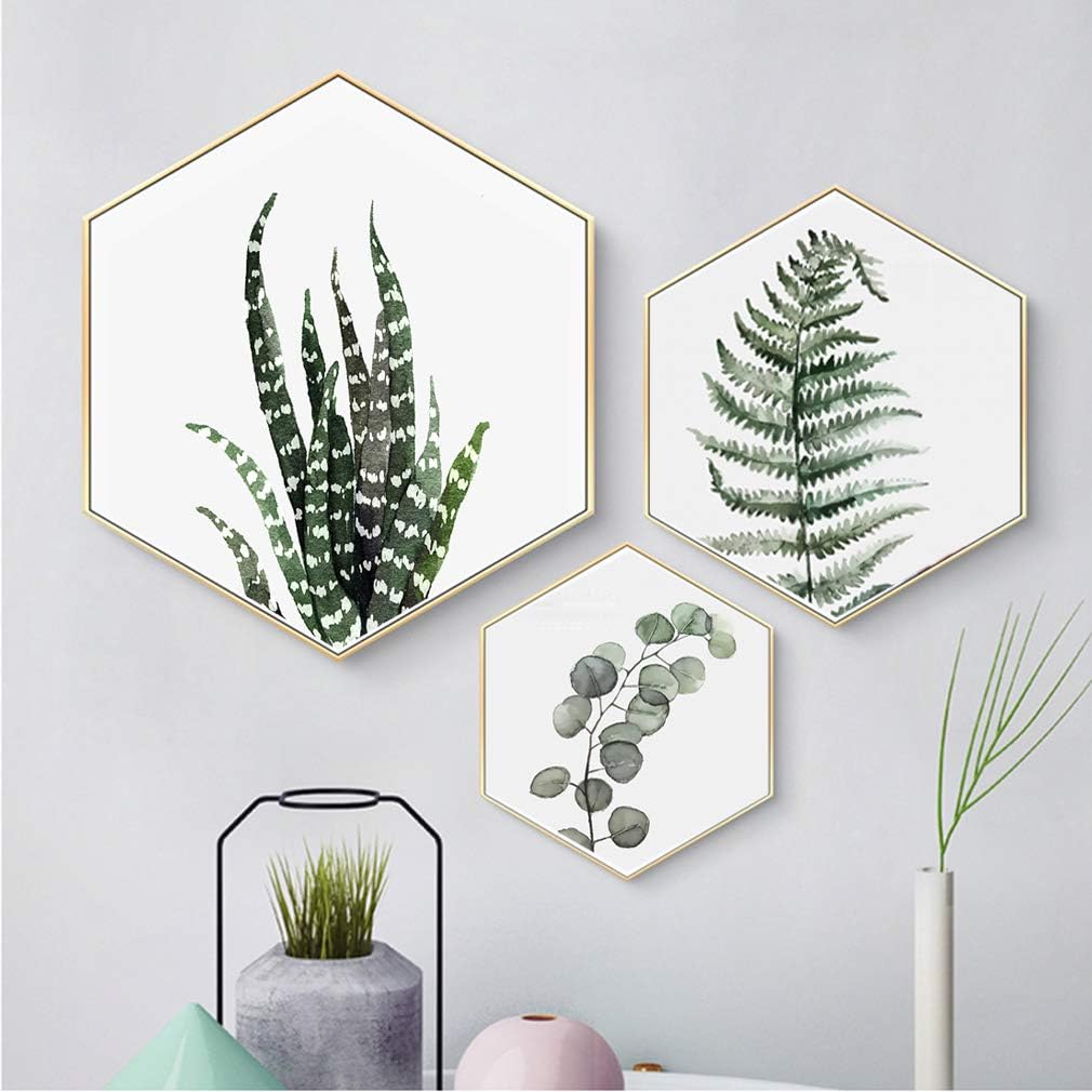 3 Panels Botanical Framed Black Wood Picture Frame Set for Wall Art Décor with Watercolor Green Leaf Tropical Plant Square Frame for Bathroom Decoration