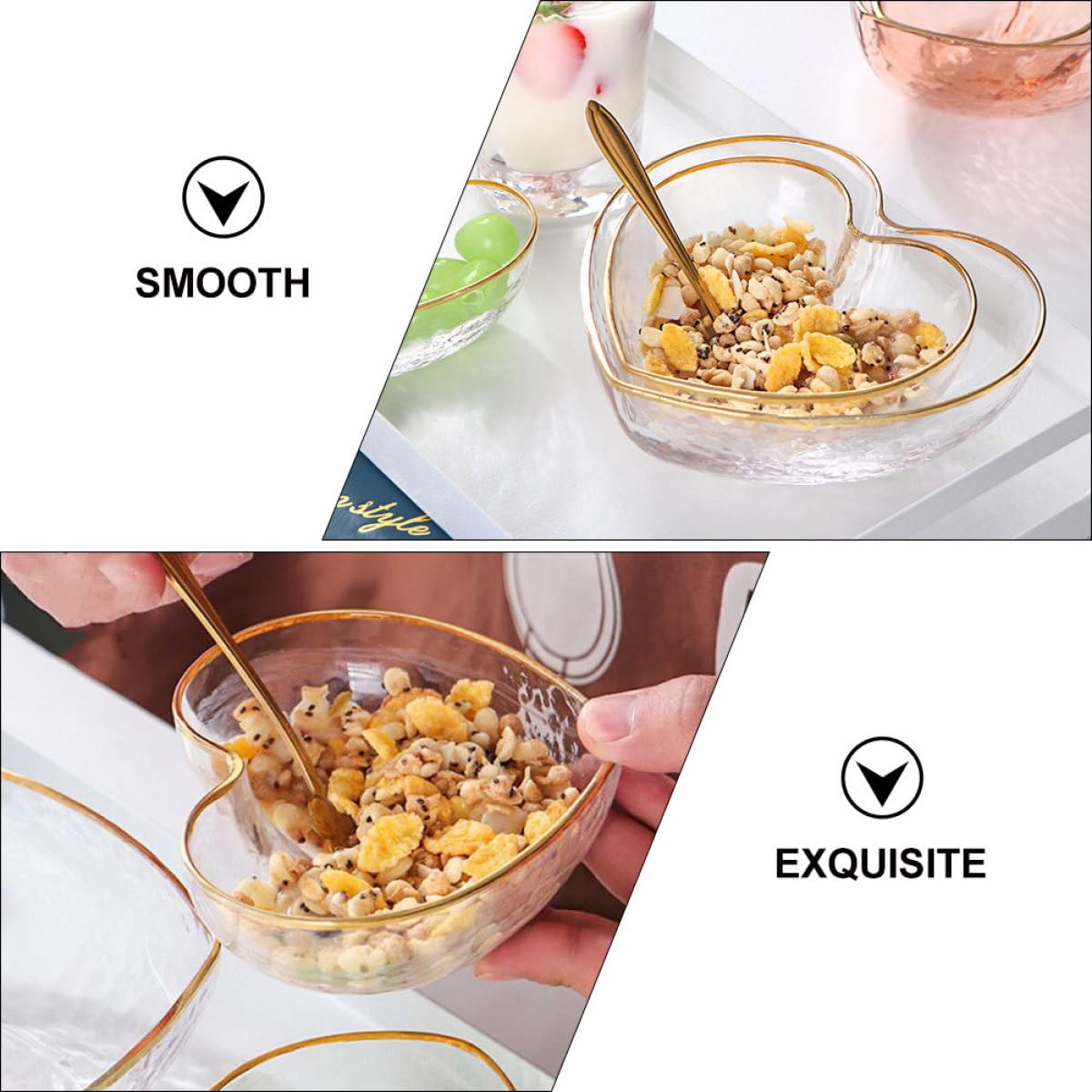 Set 4 Pezzi Ciotole e Bicchieri in Vetro a Forma di Cuore, Superficie Liscia e Luminosa, Design Elegante per Uso Quotidiano e Riunioni Familiari