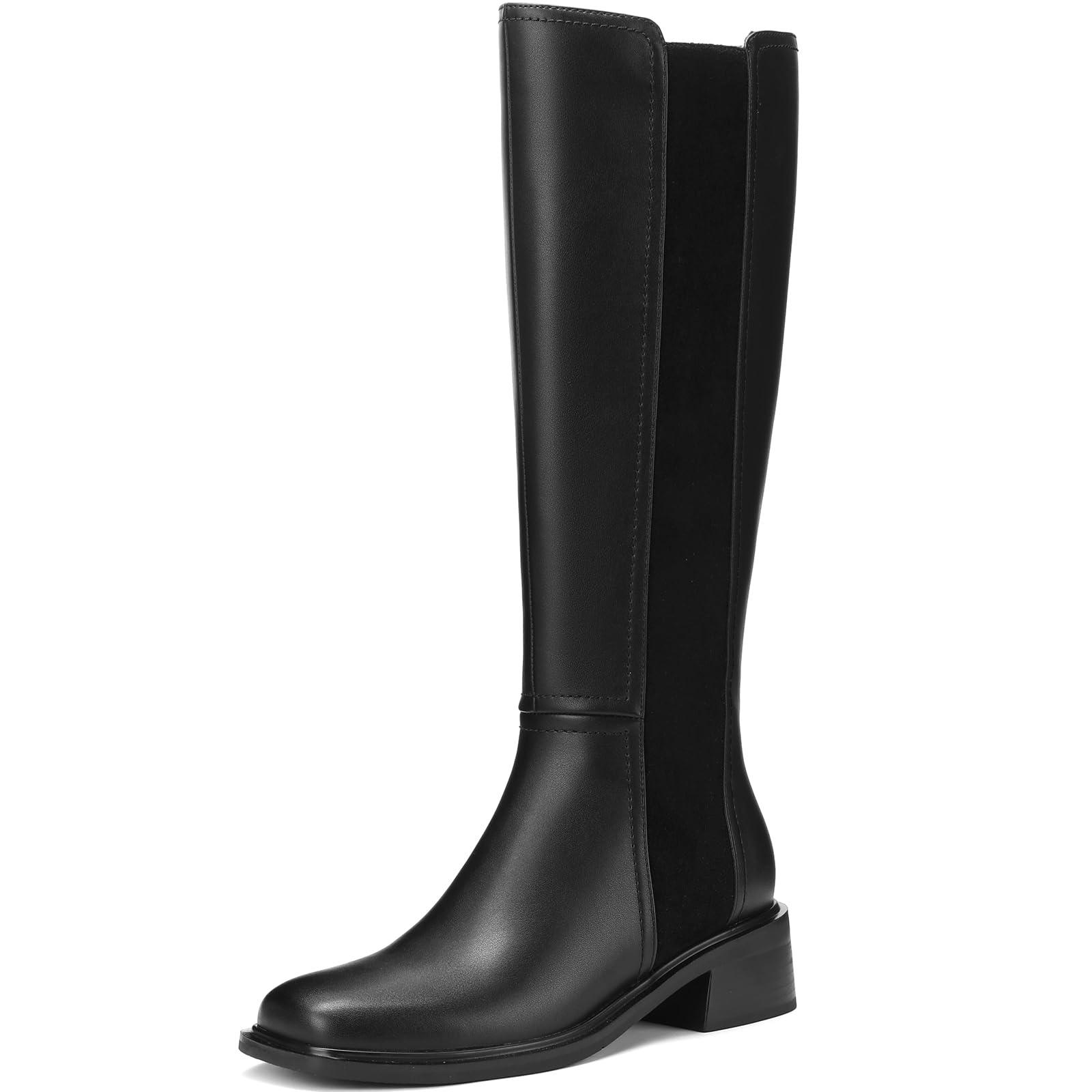 Knee High Boots for Women Flat Square Toe Chunky Block Low Heel Side Zipper Soft-Soled Tall Long Boots