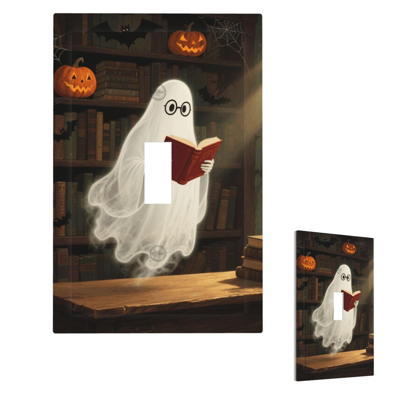 Halloween Spooky Ghost Reading Books Wall Plate Cover Modern Decorative 1 Gang Light Switch Cover Unbreakable Receptacle Outlet Covers For Living Room Bedroom Home Decor Single Toggle