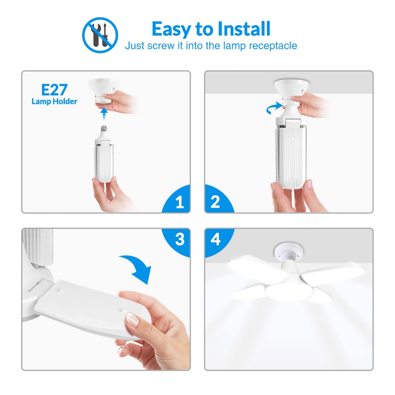 MERRYHE LED Garage Lights 60W Deformable, 6000Lm 4 Leaf Triple Glow Close to Ceiling Light Fixtures, E26/E27 Base Warehouse High Bay Light, 6500K Adjustable Basement Lamp for Workshop Parking, 6 Pack