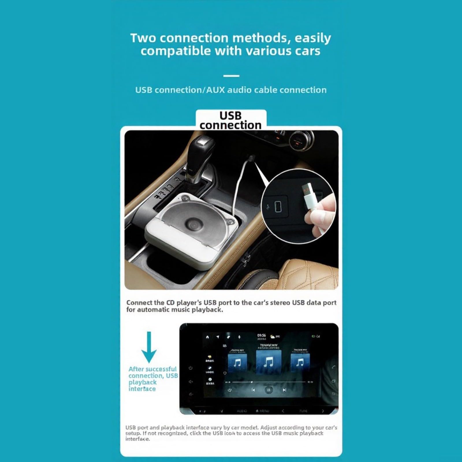 Lettore CD portatile per auto con porta USB AUX, funzione antiurto, formato MP3 WMA WAV, con telecomando, nero (bianco)