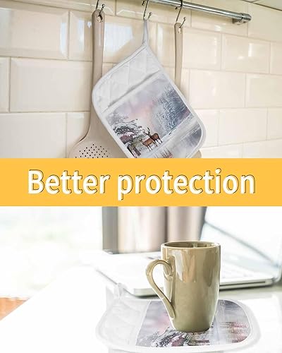 Miniatura 7 de Juego de 3 agarraderas de tela de toalla con bolsillo para cocina, antideslizante y aislante de calor, guantes de horno gruesos para hornear