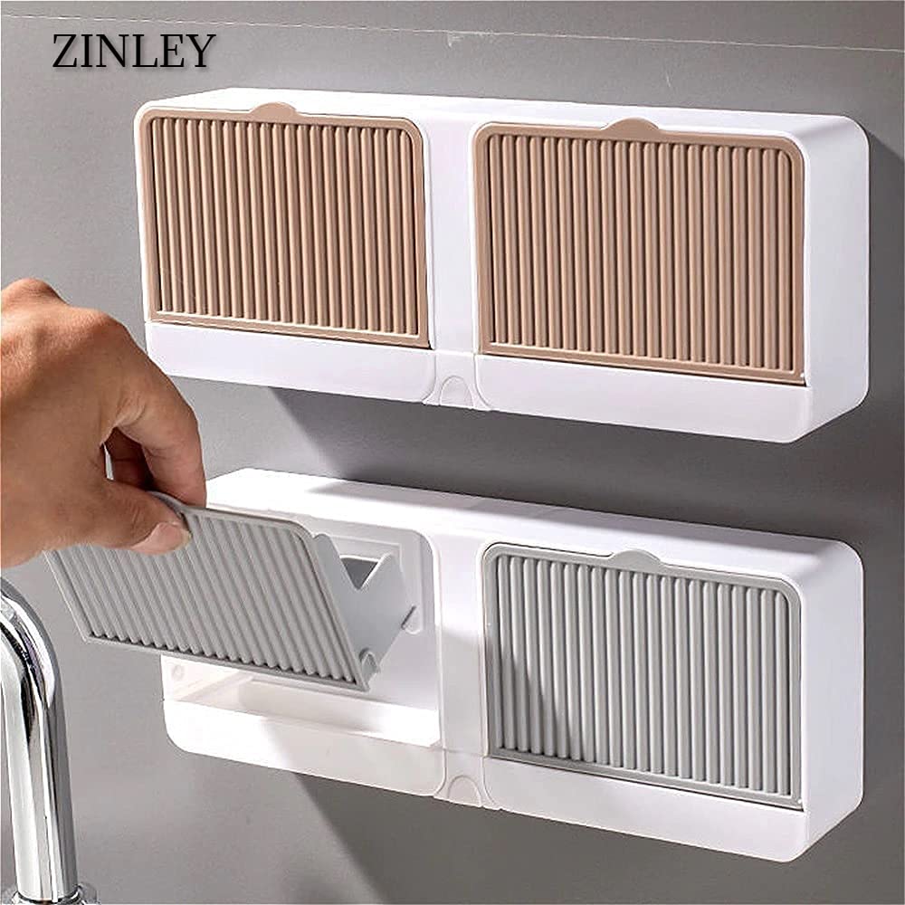 Zinley No-Drilling Clamshell soap Box Wall-Mounted with Cover Double Grid-Asphalt Toilet Laundry soap New Box soap Box (1Pcs) 1