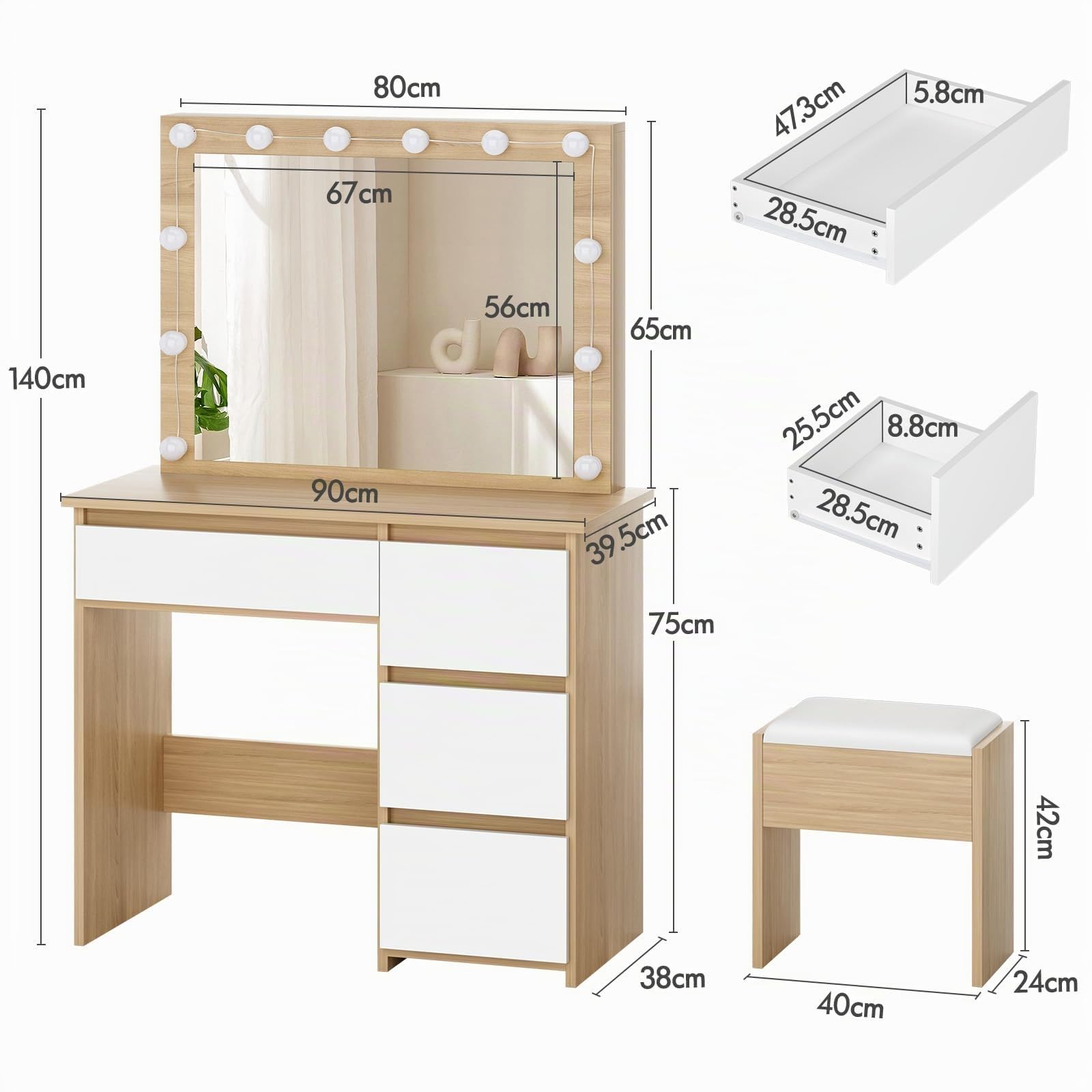 ALFORDSON Schminktisch Spiegel, Makeup Vanity 4 Schubladen und Aufbewahrungshocker, 90 cm Lange Schreibtischplatte, verstellbare LED-Leuchten, Schlafzimmer-Frisiertisch Frauen Mädchen,Holzfarbe