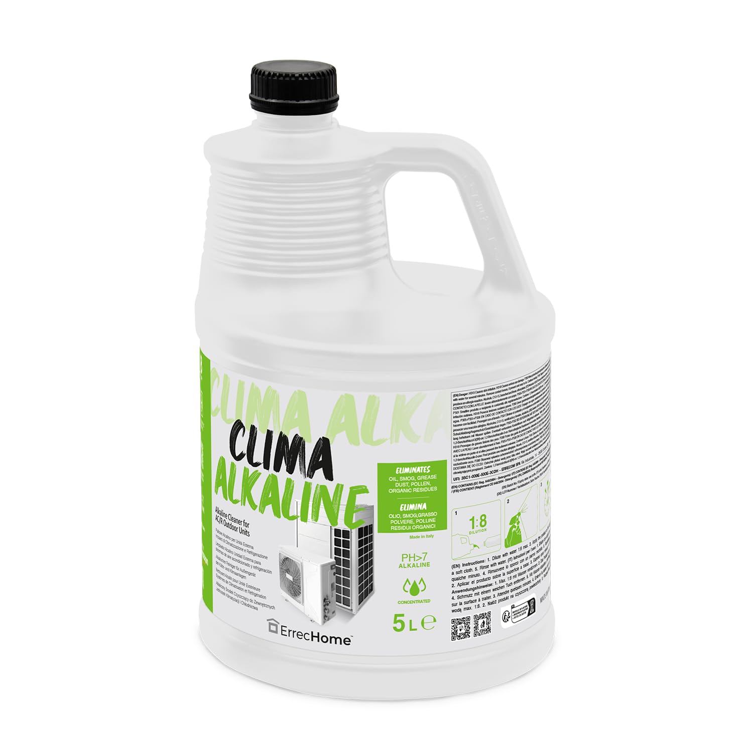 ErrecHome Clima Alkaline, Alkaline Cleaner for Outdoor Units of Air Conditioning and Refrigeration Systems, Concentrated Formula, 5 L